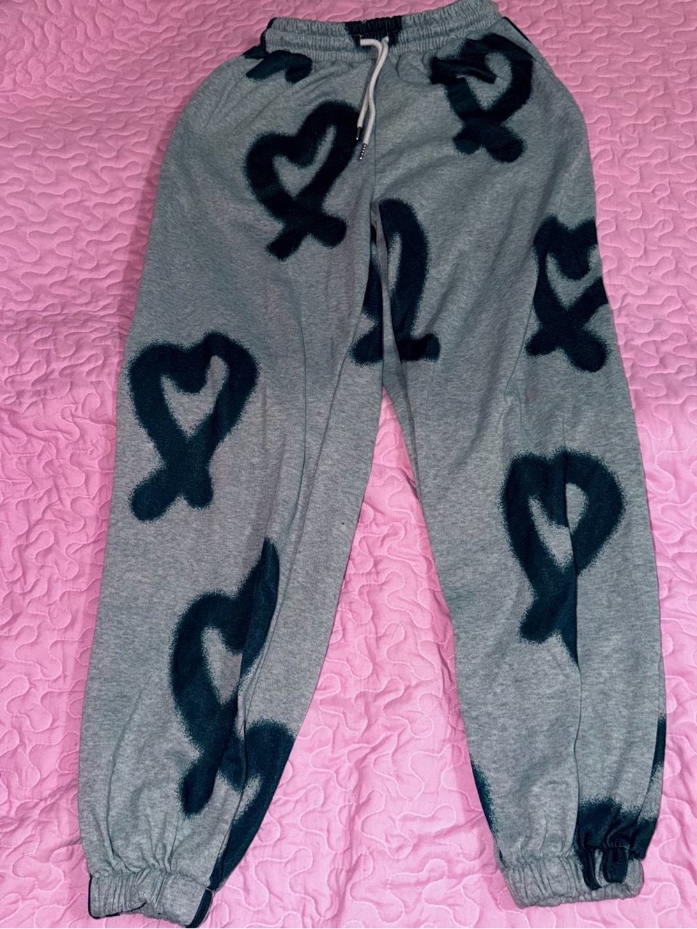 Gray Jogger Sweatpants with Navy Heart Print